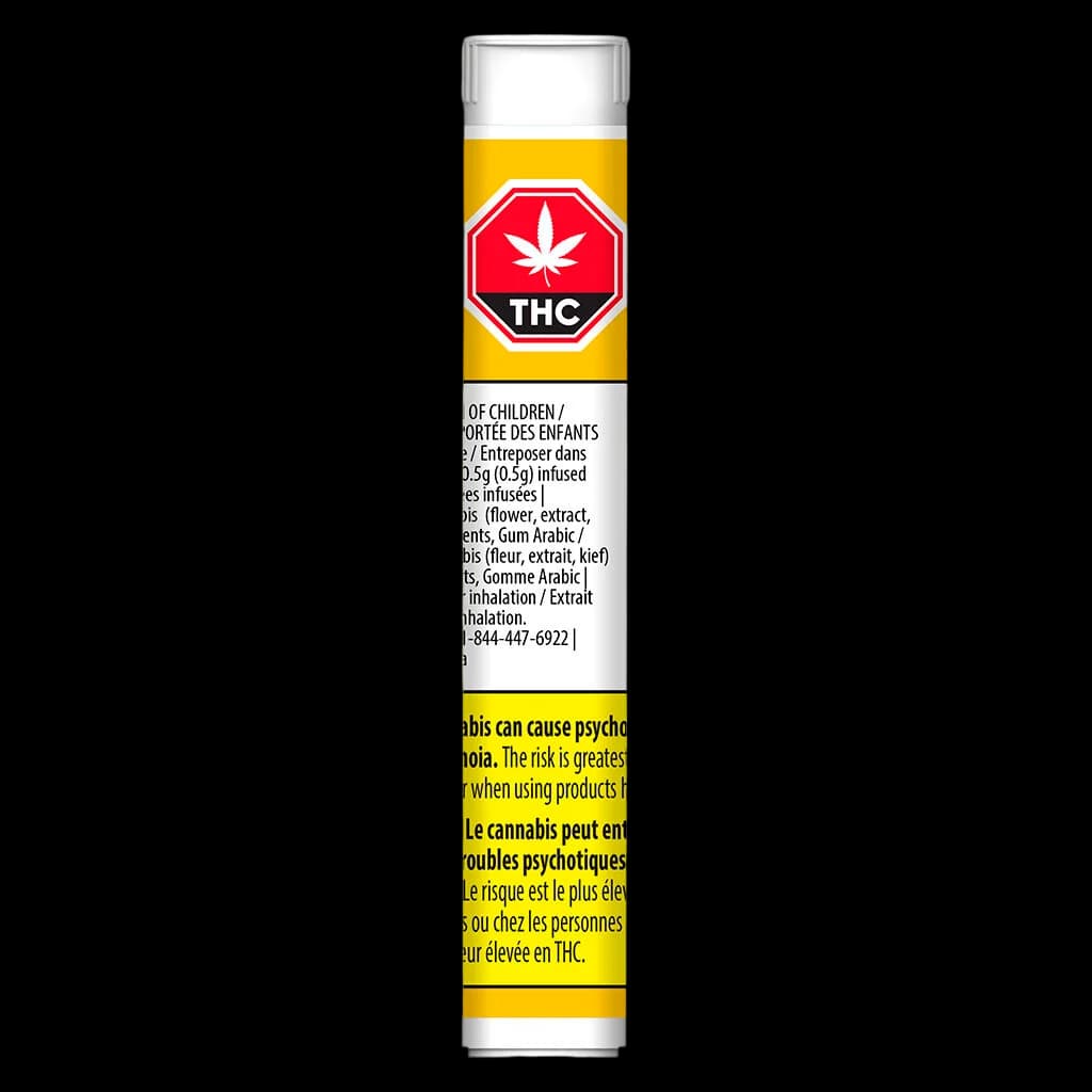 Emballage de pré-roulé infusé au yuzu Jays avec design jaune et rouge, symbole d'avertissement THC et texte bilingue de Santé Canada