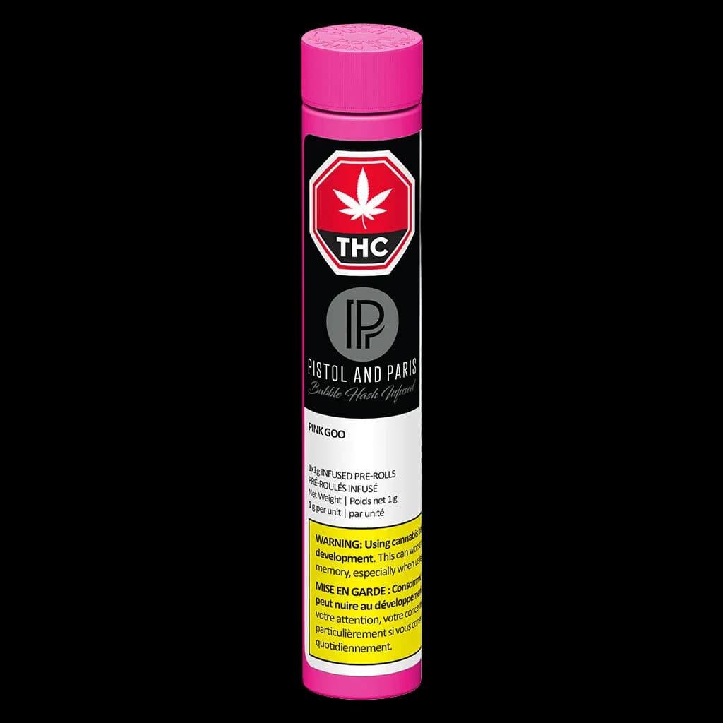 Pistol and Paris Pink Goo bubble hash infused pre-roll tube with pink cap and black label featuring THC symbol