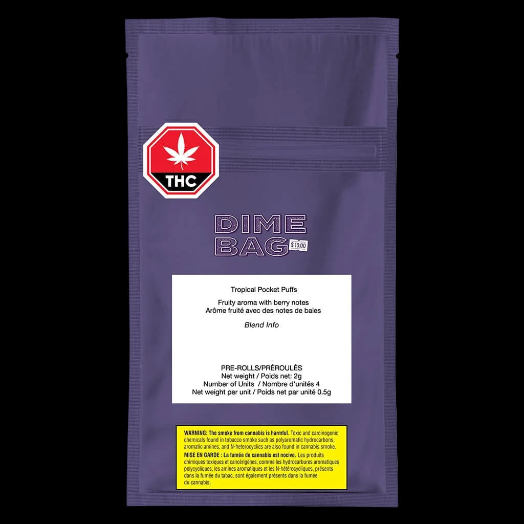 Paquet de pré-roulés Dime Bag Tropical Pocket Puffs, 2 g au total avec 4 pré-roulés, pochette violette avec symbole d'avertissement THC rouge