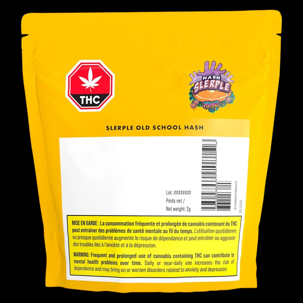 Nugz Hash Slerple Old School Hash 2g pouch with yellow packaging, THC warning symbol, and Health Canada warning label