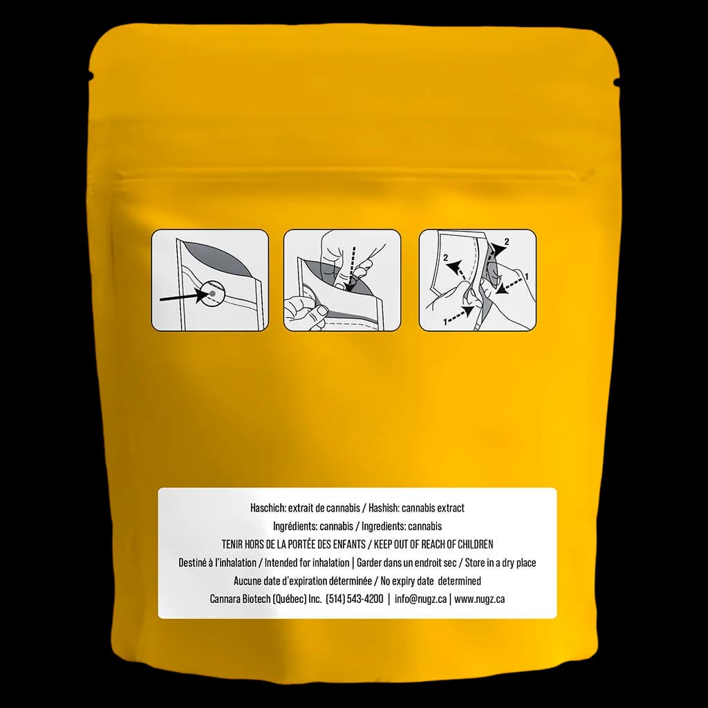 Nugz Hash cannabis extract pouch with yellow packaging and usage instruction icons