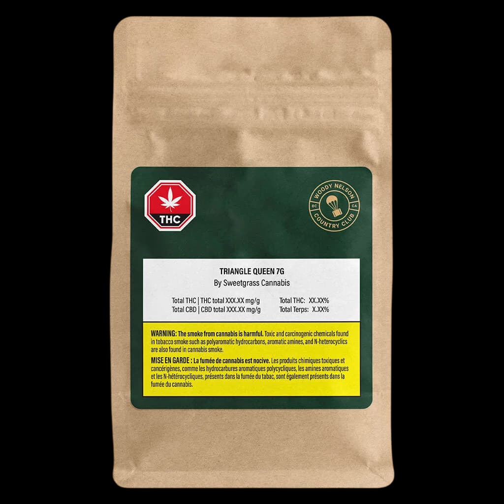 Sweetgrass Cannabis Triangle Queen 7g dried flower pouch with green label, red THC warning symbol, and yellow Health Canada warning