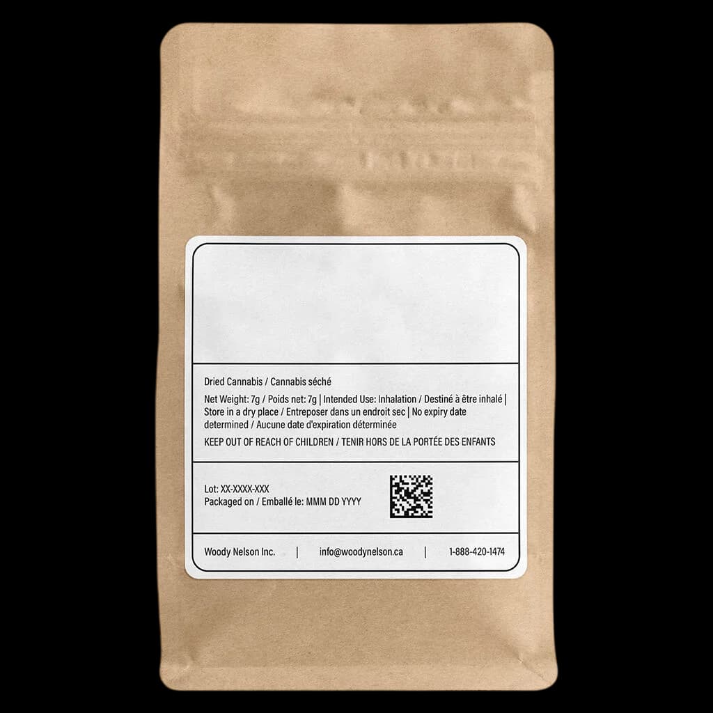 Woody Nelson Country Club Triangle Queen 7g dried cannabis flower pouch with regulatory label