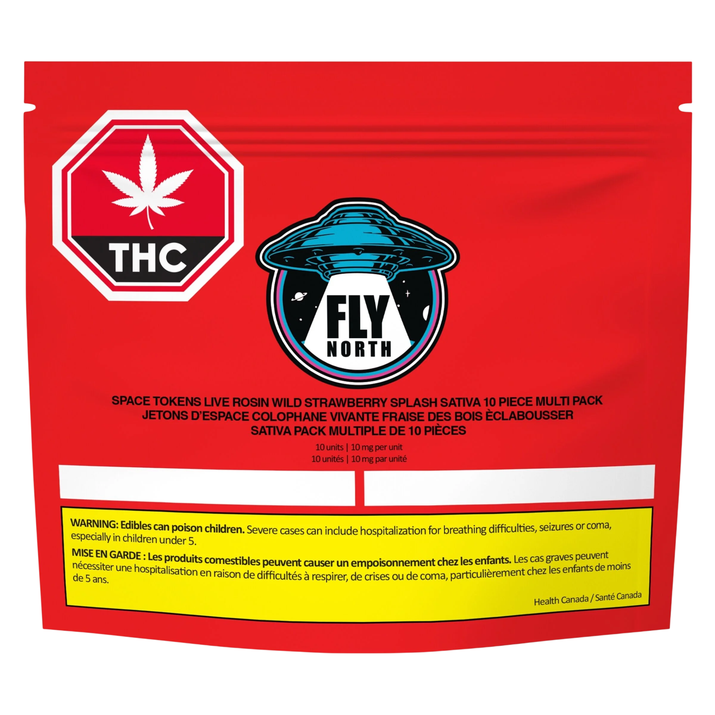 Fly North Space Tokens Live Rosin Wild Strawberry Splash Sativa 10-piece multi pack with THC warning label on red packaging
