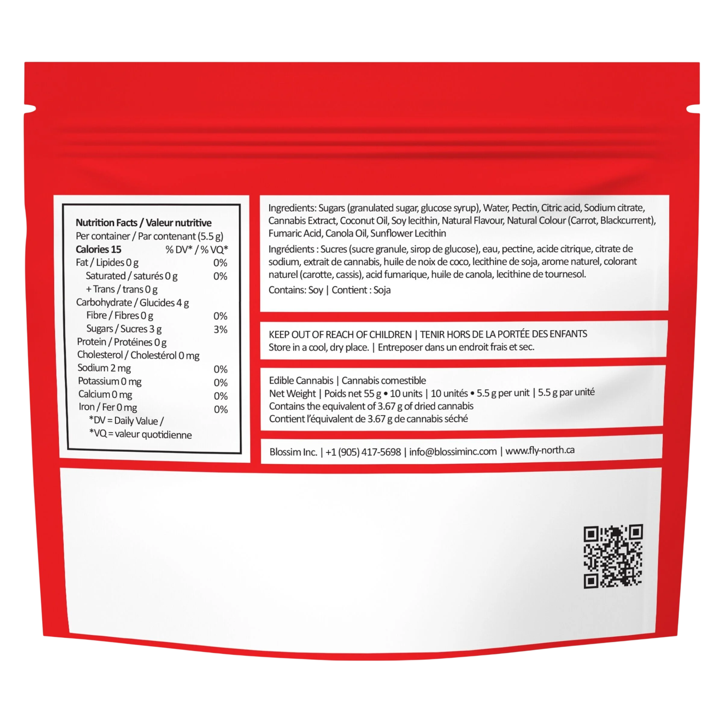FLY NORTH Space Tokens Live Rosin Wild Strawberry Splash Sativa cannabis edible gummies back packaging showing nutrition facts, ingredients, and warnings