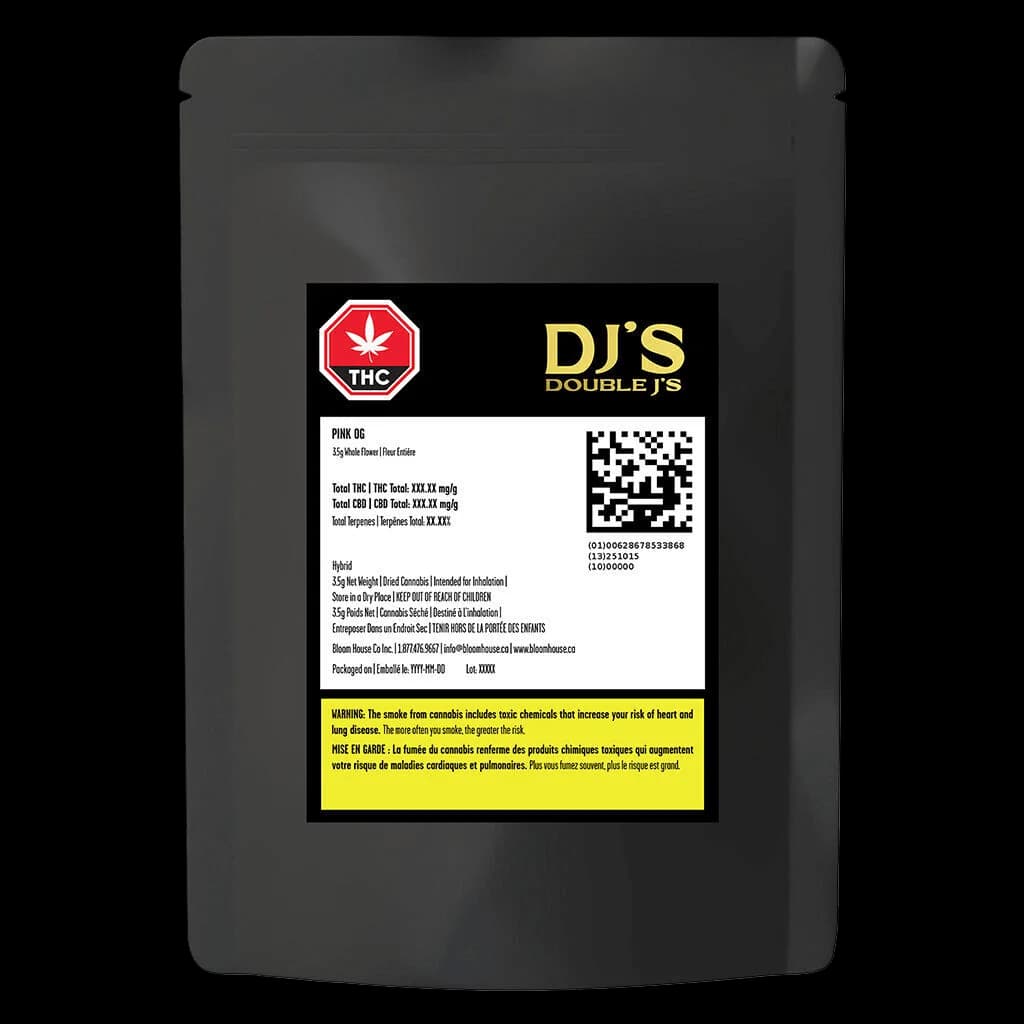 Double J's Pink OG 3.5g dried flower cannabis hybrid strain package front with THC warning label and QR code