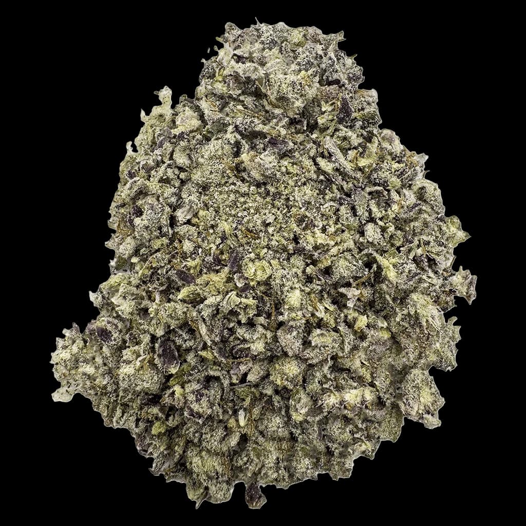 Deep Value Blendz cannabis dried flower buds with dense trichomes, light green and purple coloring