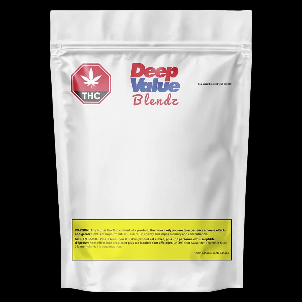 Deep Value Blendz 14g dried flower cannabis pouch with red THC warning symbol and Health Canada warning label