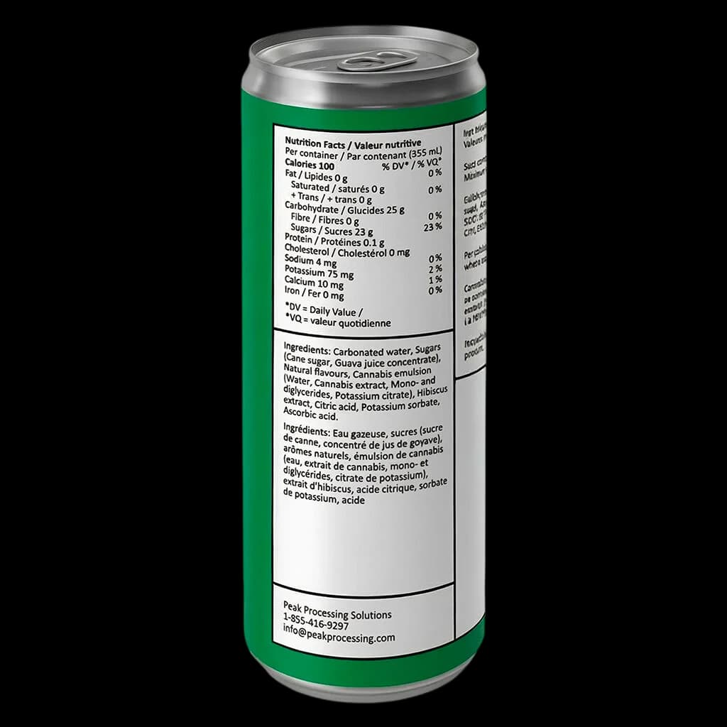 Reggae Royalty Guava Hibiscus Carnival Fizz cannabis beverage 355ml can showing nutrition facts and ingredients