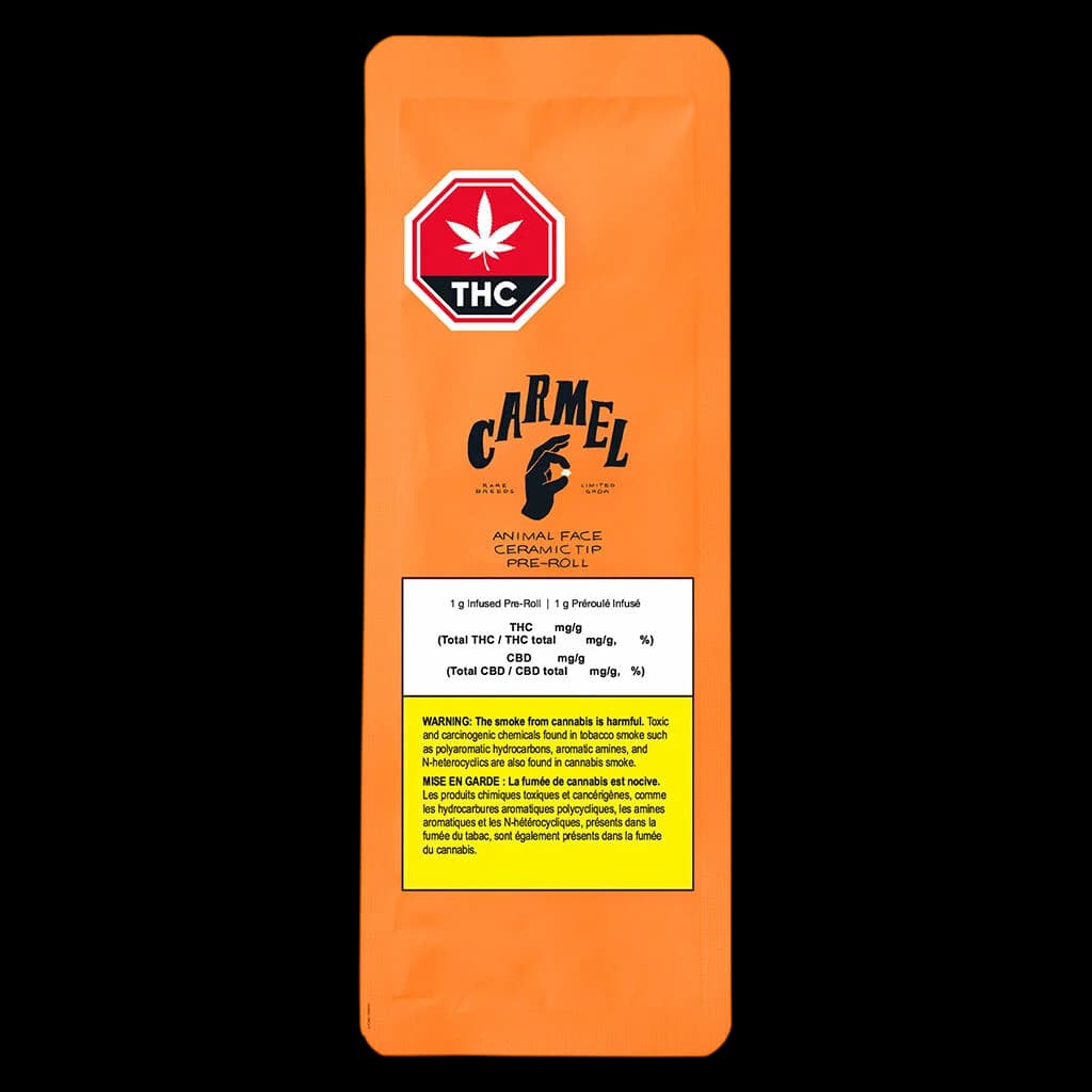 Carmel Animal Face Ceramic Tip Pre-Roll 1g package with orange background, THC warning symbol, and yellow Health Canada warning label