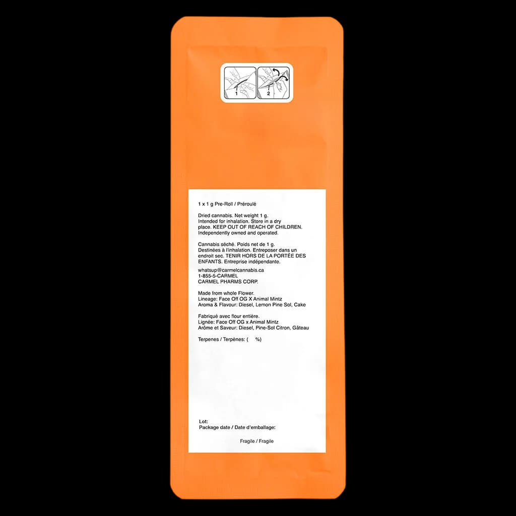 Carmel Animal Mintz 1g pre-roll package front, orange with white label showing product details and bilingual Canadian cannabis warnings