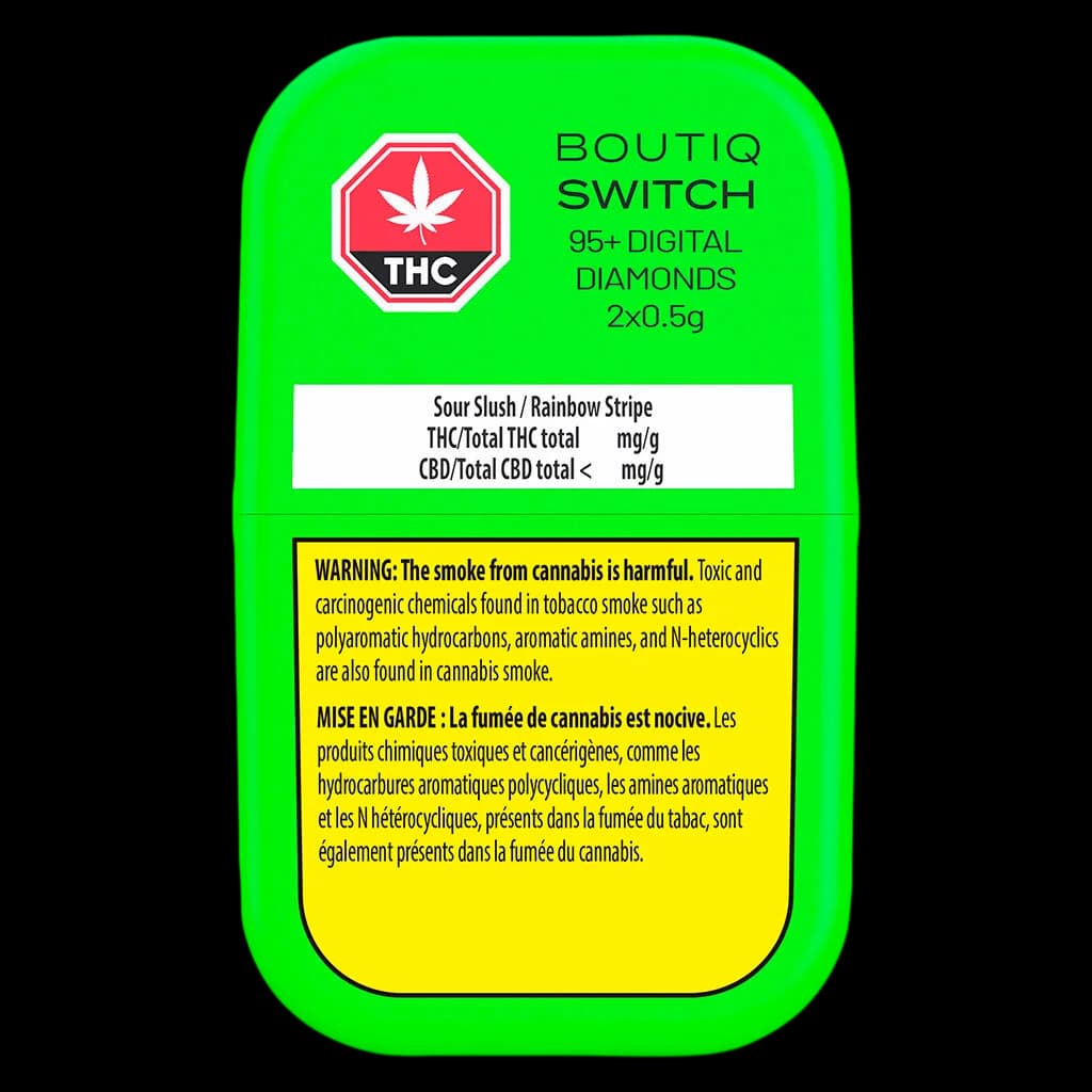 Boutiq Switch 95+ Digital Diamonds 2x0.5g cannabis concentrate packaging with THC warning label and bilingual health warnings