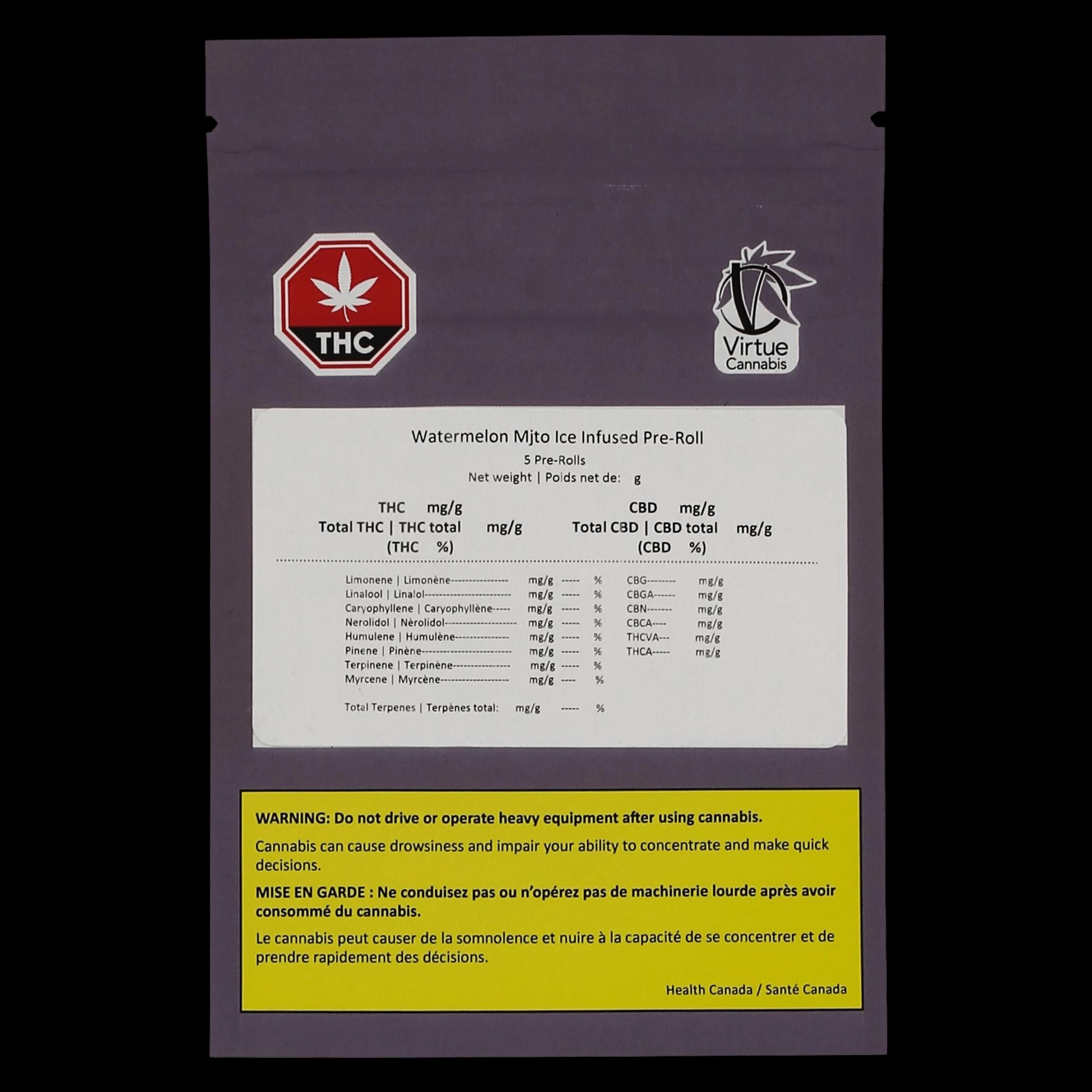Virtue Cannabis Watermelon Mjto Ice Infused Pre-Roll 5-pack packaging with THC potency and cannabinoid profile details