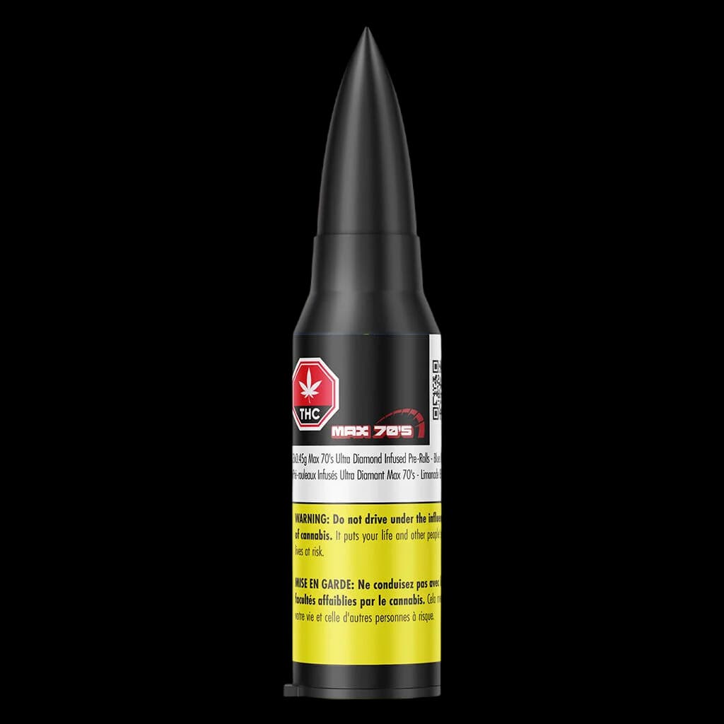 Chillbilly Max 70's Ultra Diamond Infused Pre-Roll in Sour Cherry, 0.65g cannabis pre-roll with black cone packaging and yellow warning label