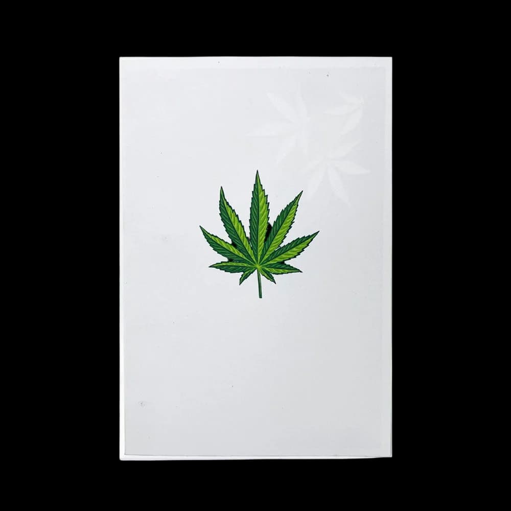 Cannabis leaf illustration on white greeting card with text 'Just Wanted to Say High'