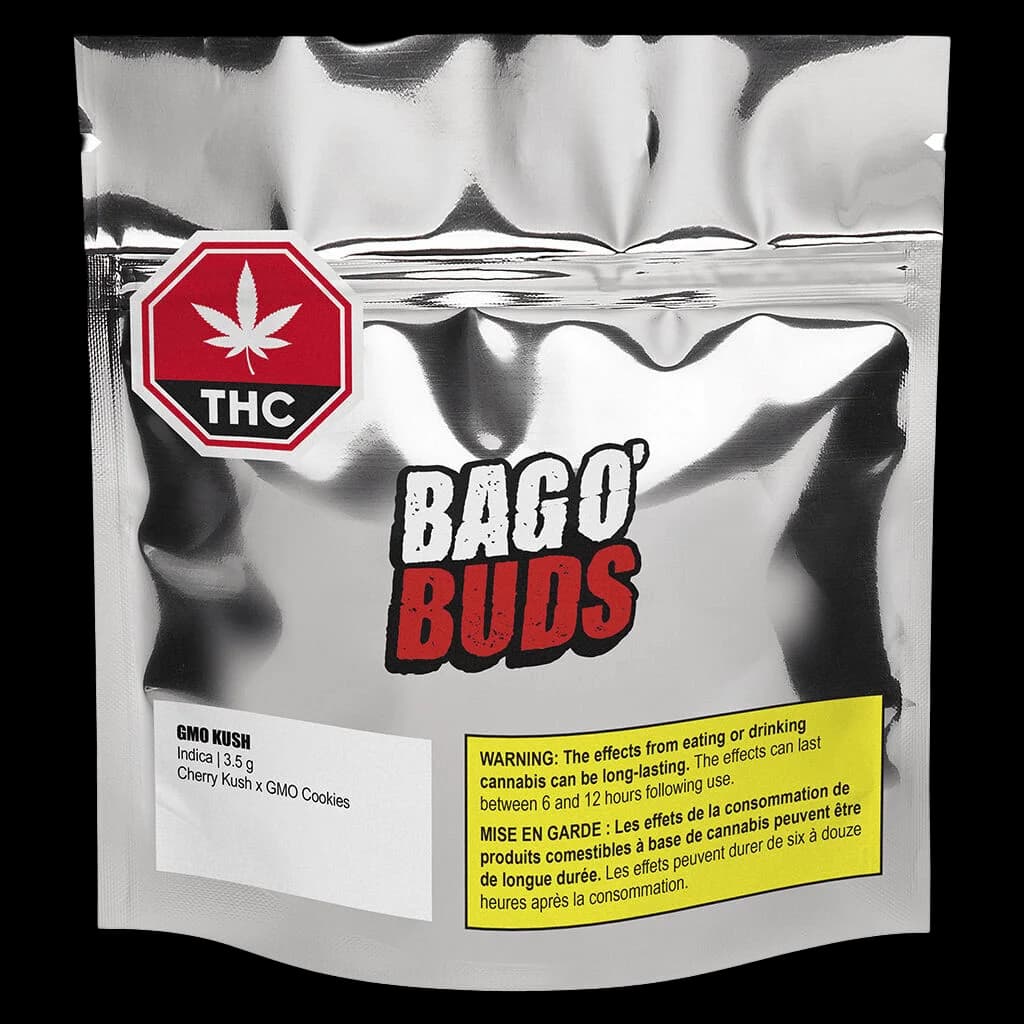 Emballage de fleurs séchées Big Bag O' Buds GMO Kush Indica 3,5 g avec symbole d'avertissement THC rouge et étiquette d'avertissement jaune de Santé Canada