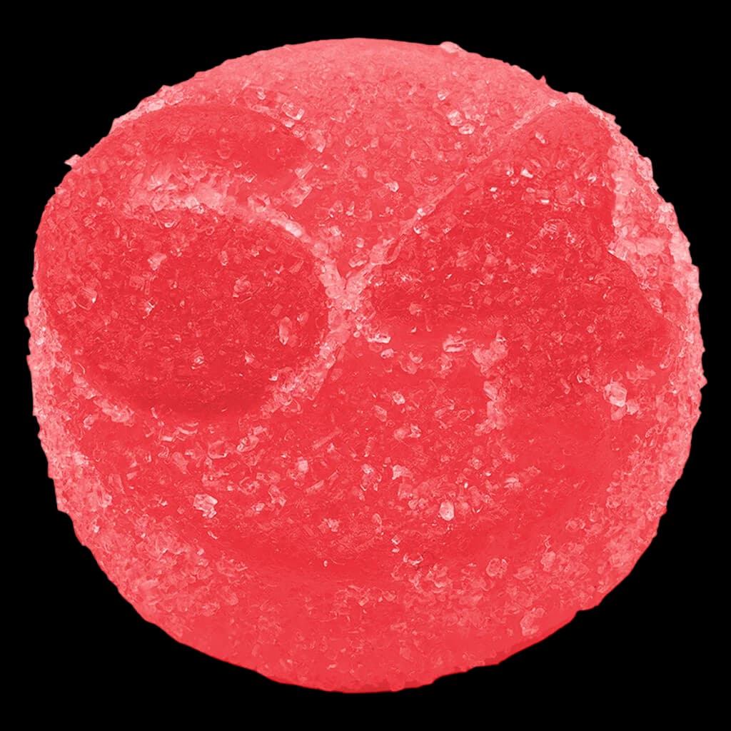 Red cannabis gummy with crystalline sugar coating, JNGL JCE live rosin soft chew edible