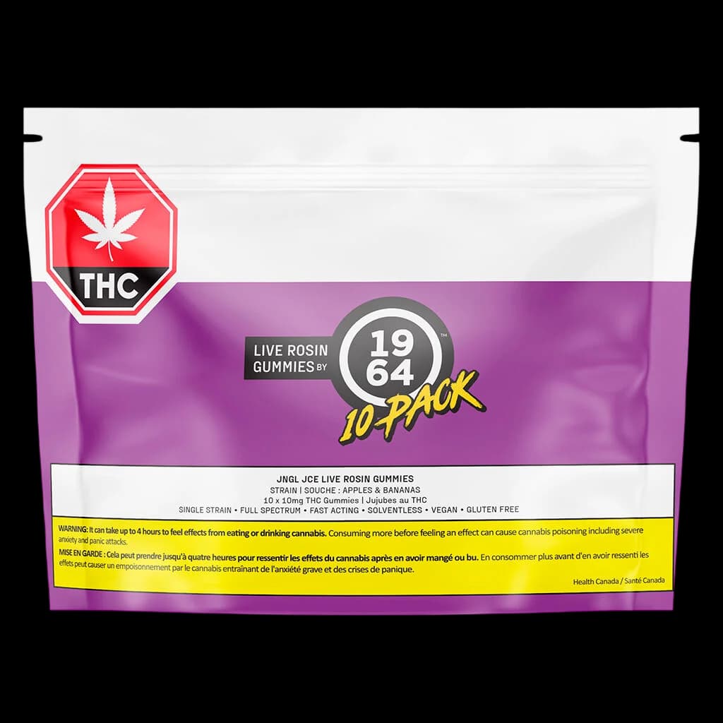 JNGL JCE Live Rosin Gummies 10-pack by 1964, Apples & Bananas strain, 10x10mg THC gummies, full spectrum cannabis edible with purple packaging and red THC warning symbol