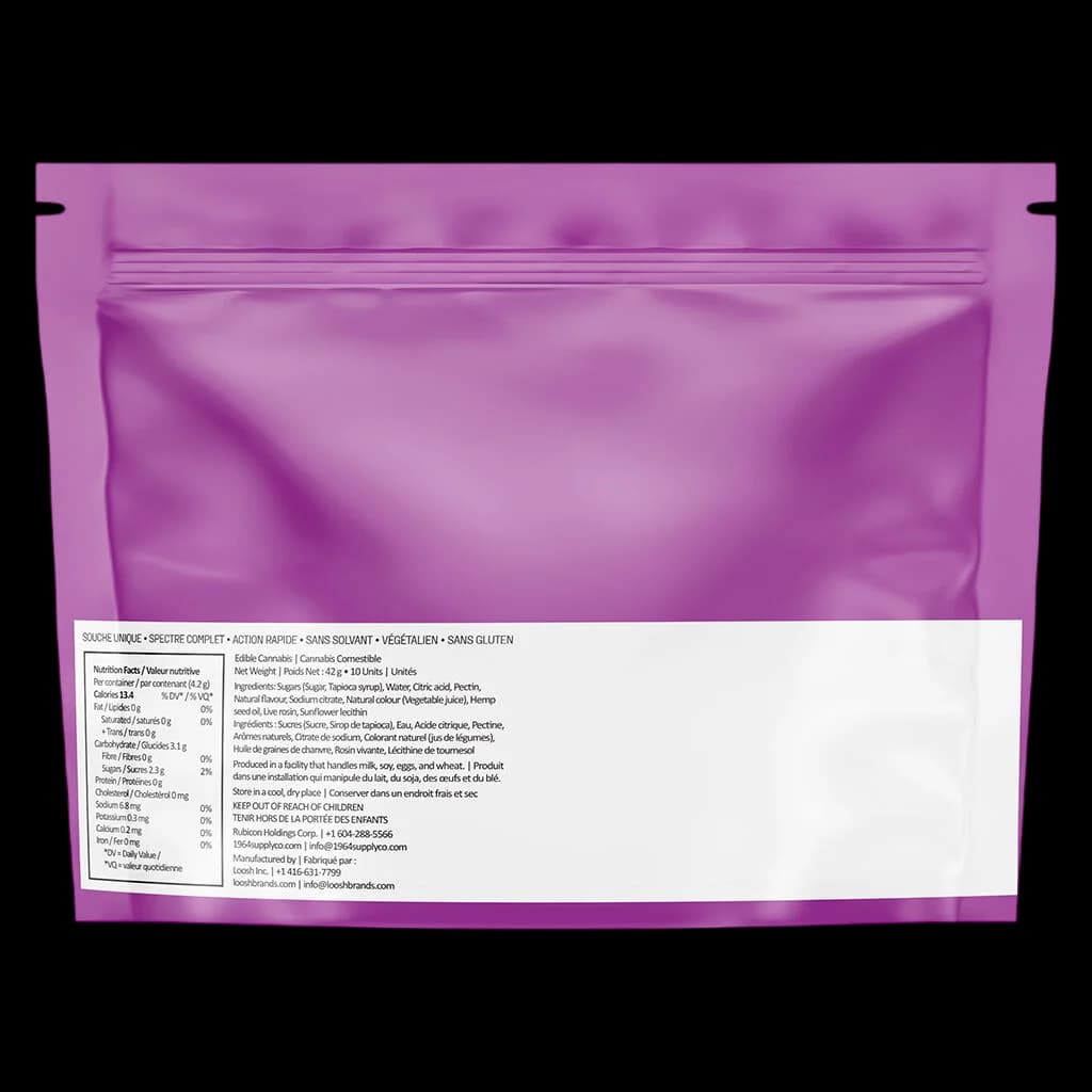 1964 JNGL JCE Live Rosin Gummies package rear showing nutrition facts, ingredients, and cannabis cannabinoid content