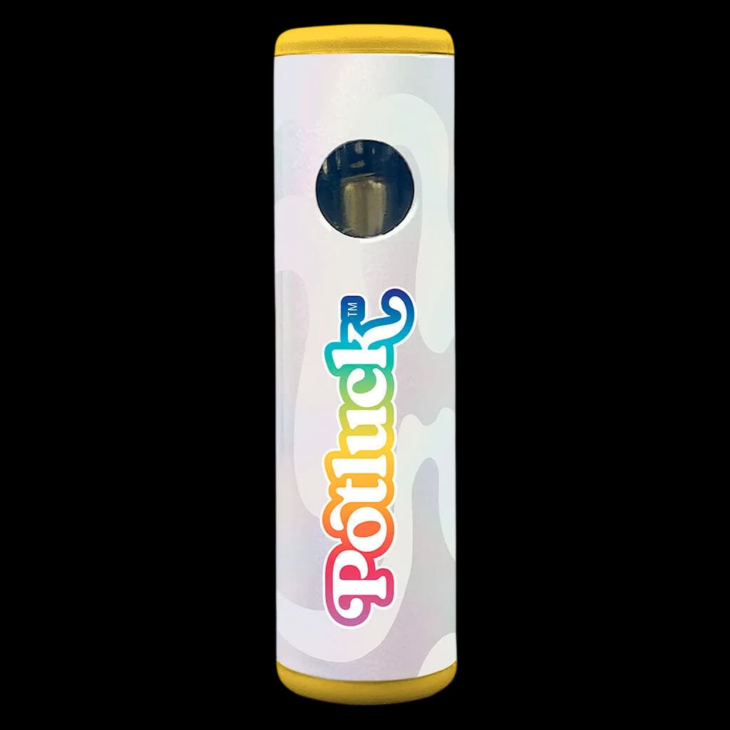 Potluck Juicy Jungle Fruit Popz disposable vape pen with yellow cap and window showing gold cartridge