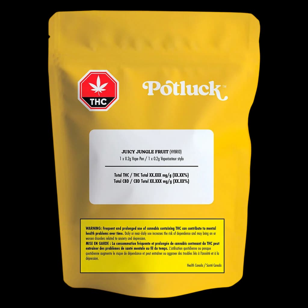 Potluck Juicy Jungle Fruit hybrid vape pen package, 0.2g, with red THC symbol and yellow Health Canada warning label