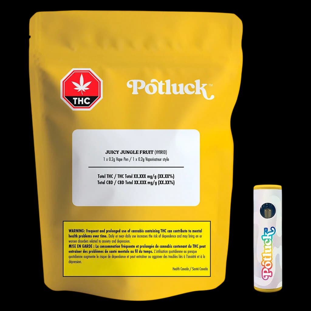 Stylo vape hybride Potluck Juicy Jungle Fruit de 0,2 g avec emballage pochette jaune et étiquette de détails du produit visible