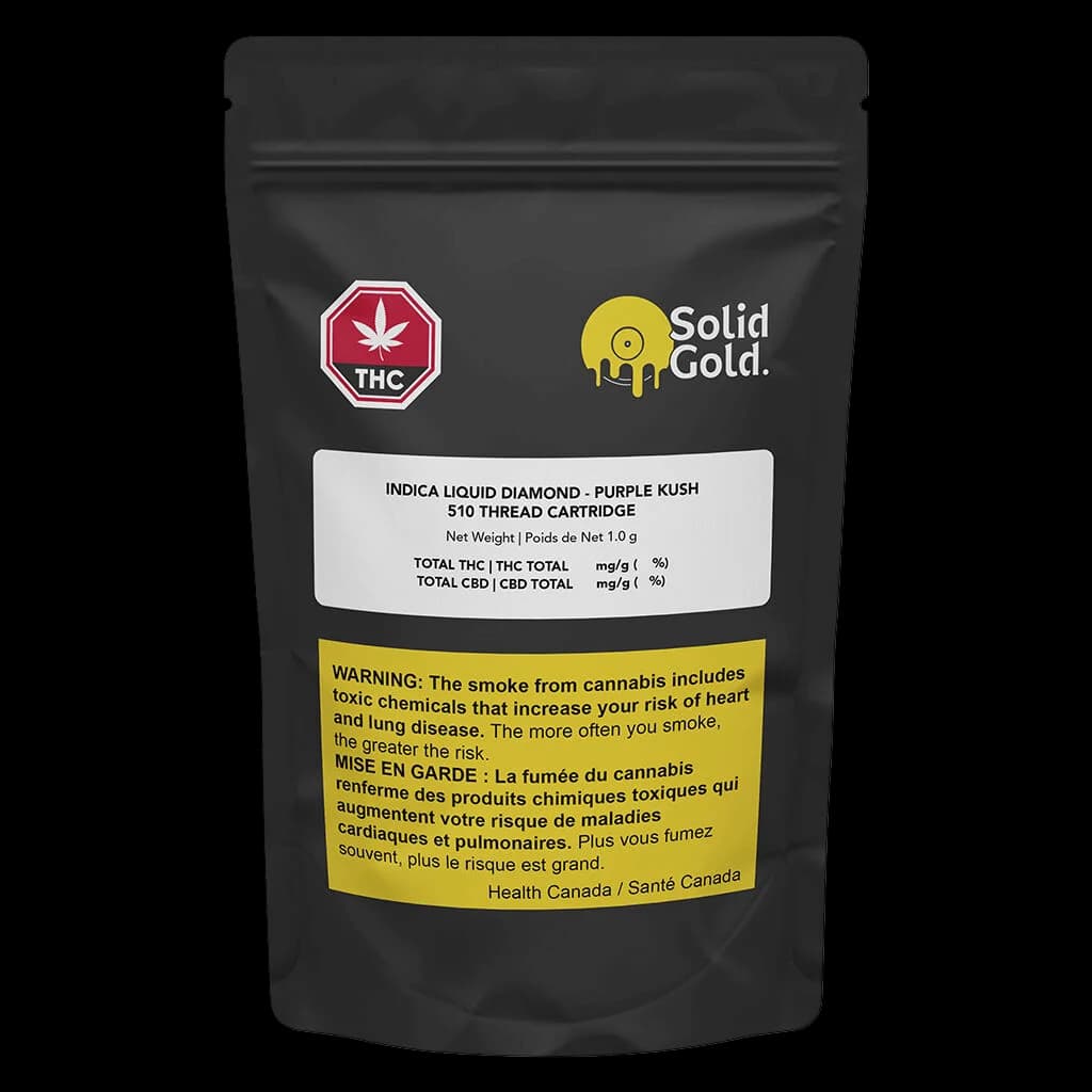 Solid Gold Indica Liquid Diamond Purple Kush 1.0g 510 thread cannabis vape cartridge with THC warning label