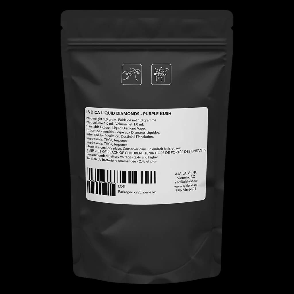 Indica Liquid Diamonds Purple Kush 1.0g cannabis vape cartridge packaging, black pouch with white label showing THC extract details and Aja Labs branding.