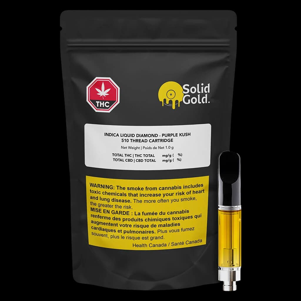 Solid Gold Indica Liquid Diamond Purple Kush 510 thread cartridge, 1.0g, with golden oil visible in black packaging