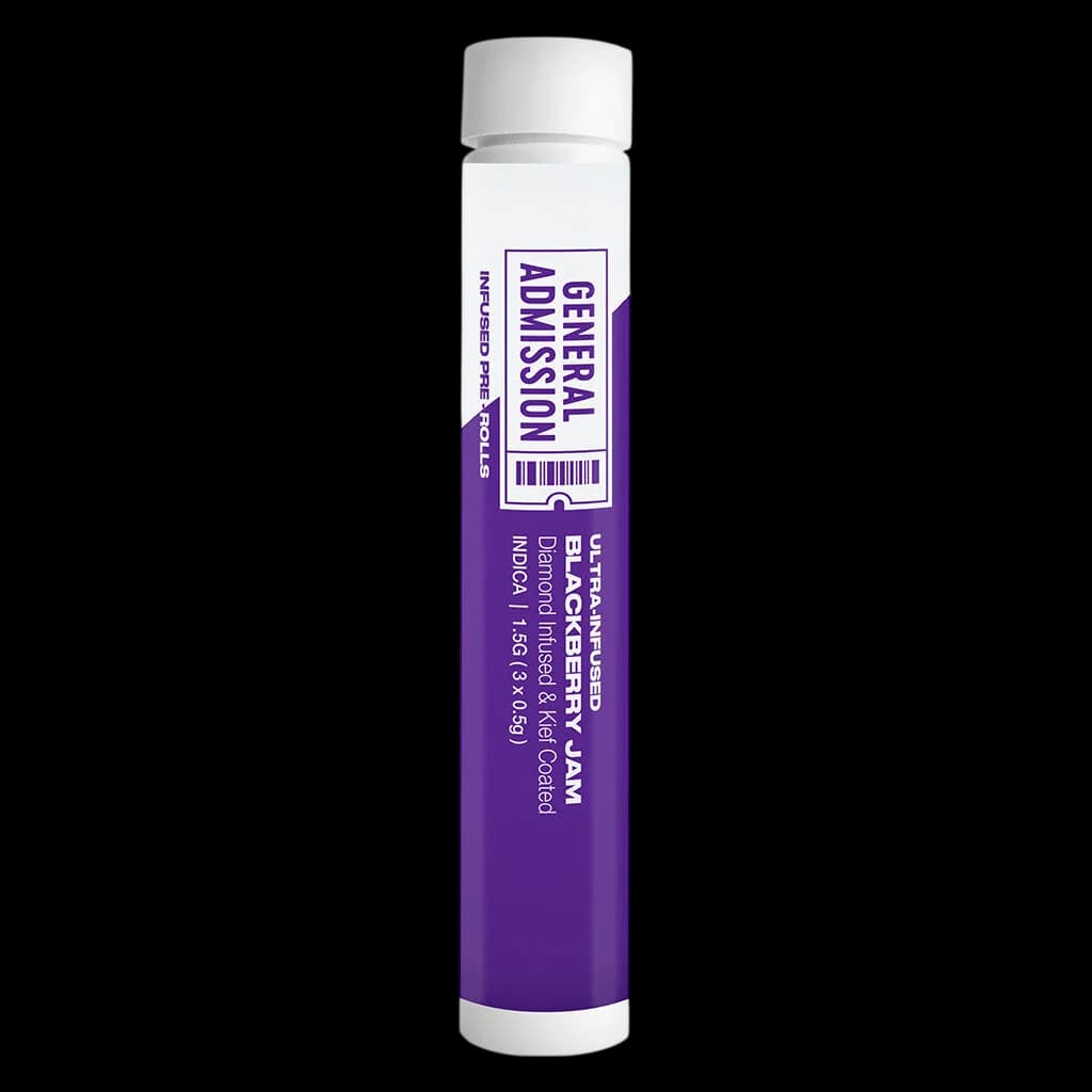 General Admission Blackberry Jam Diamond Infused pre-roll in purple tube packaging, 1.5g indica cannabis product