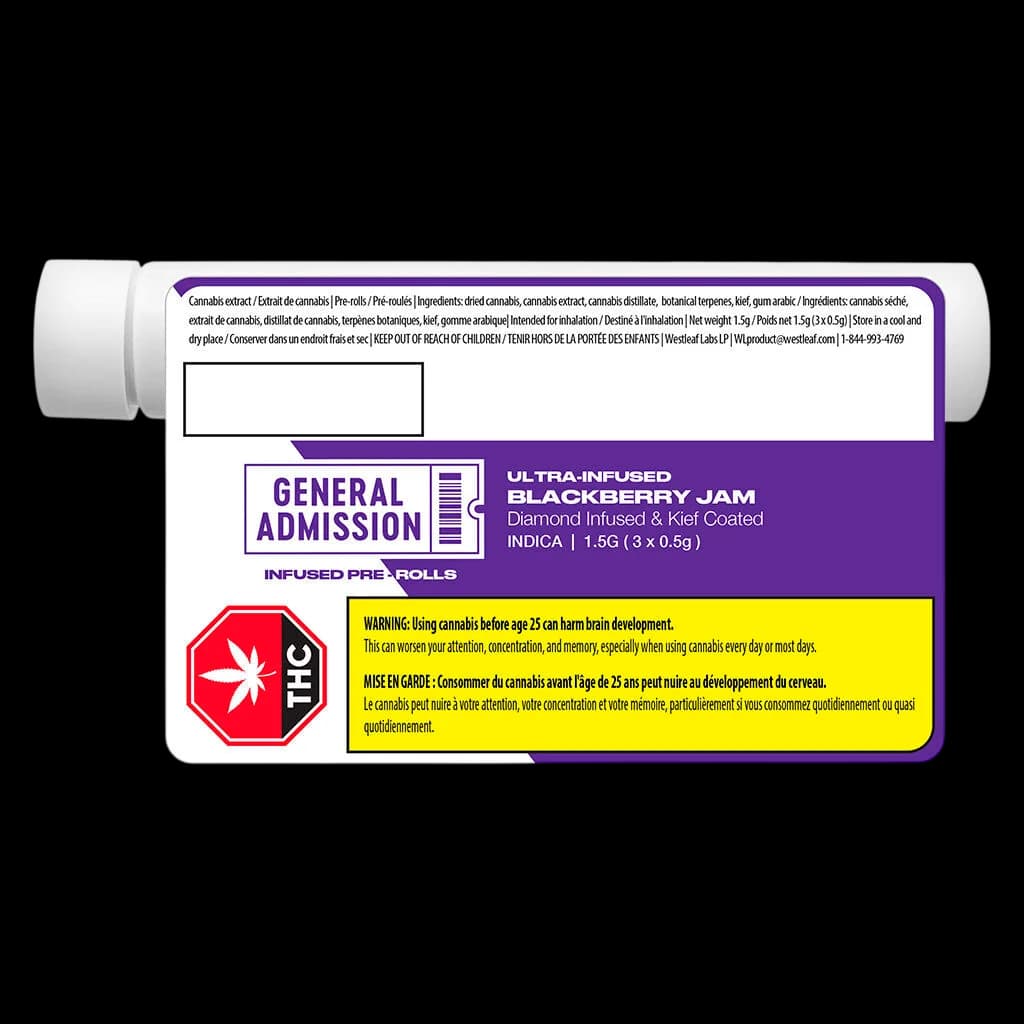 General Admission Blackberry Jam 1.5g Diamond Infused & Kief Coated Indica pre-roll pack with purple and white packaging