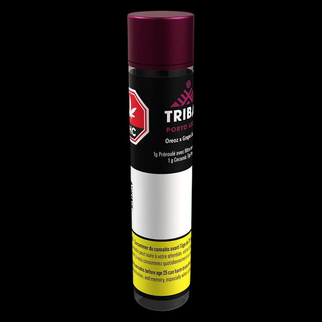 Tribal Porto Leche pre-roll with ceramic tip, 1g, featuring Oreoz x Grape strain hybrid cannabis product