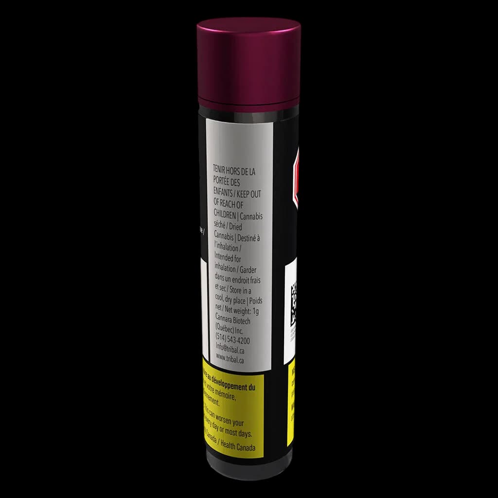 Tribal Porto Leche ceramic tip pre-roll 1g in burgundy and black tube packaging with Health Canada warning label