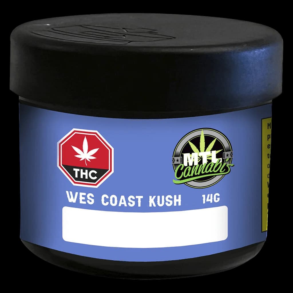 Pot de fleurs de cannabis séchées Wes' Coast Kush 14 g avec couvercle noir et étiquette bleue par MTL Cannabis