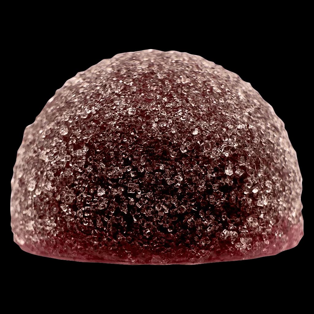 Woody Nelson cannabis gummy with dark red and sugar-coated surface, dome-shaped soft chew
