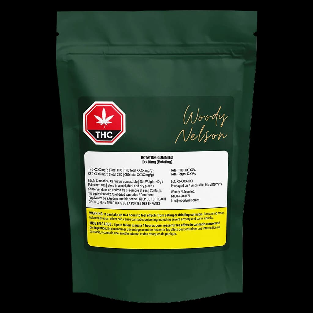 Woody Nelson Rotating Gummies 10x10mg package, green pouch with red THC symbol and yellow Health Canada warning label