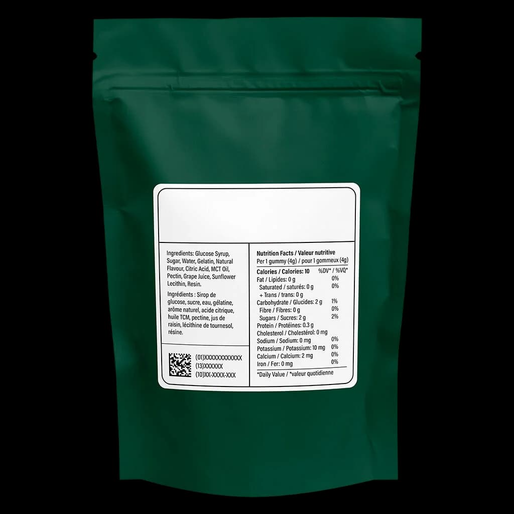 Woody Nelson cannabis gummies pouch with ingredient list and nutrition facts label on dark green packaging