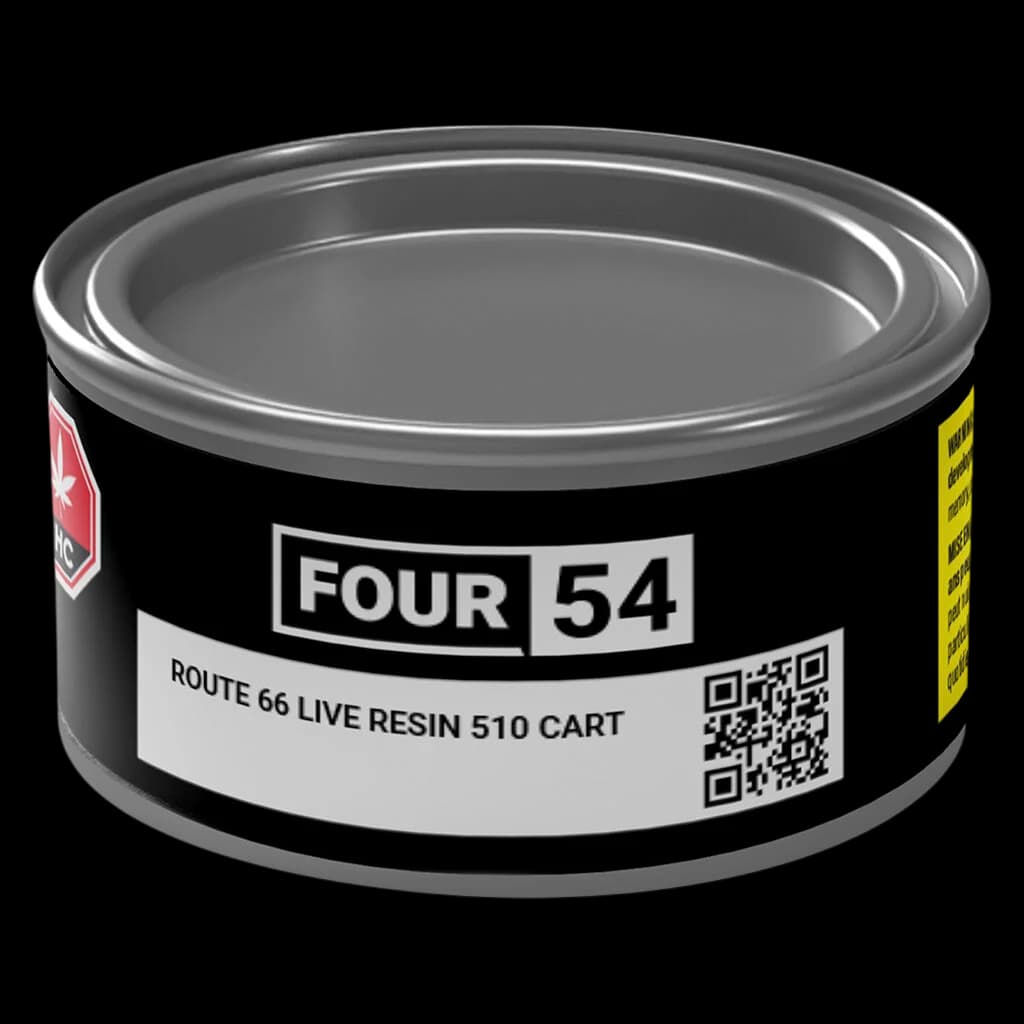 FOUR54 Route 66 Live Resin 510 cart in metal container with black label and QR code