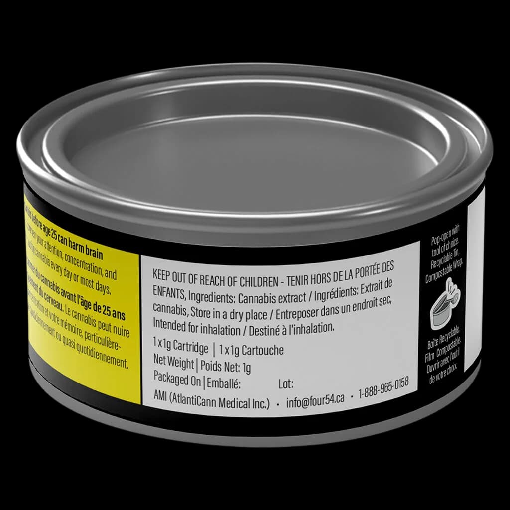 FOUR54 Route 66 Live Resin 510 thread cartridge, 1g, with yellow and black packaging label showing cannabis extract ingredients and Health Canada warnings