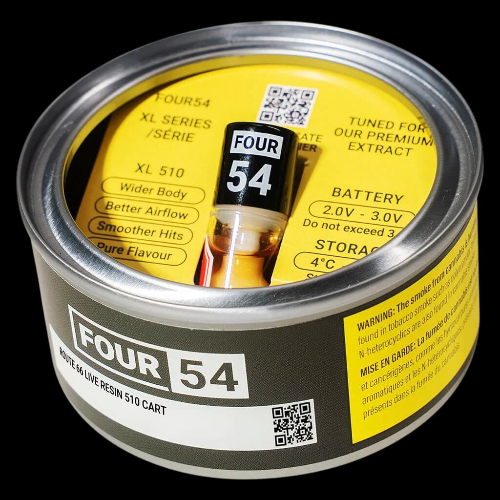 FOUR54 Route 66 Live Resin 510 cartridge with amber oil, XL Series, yellow packaging insert visible