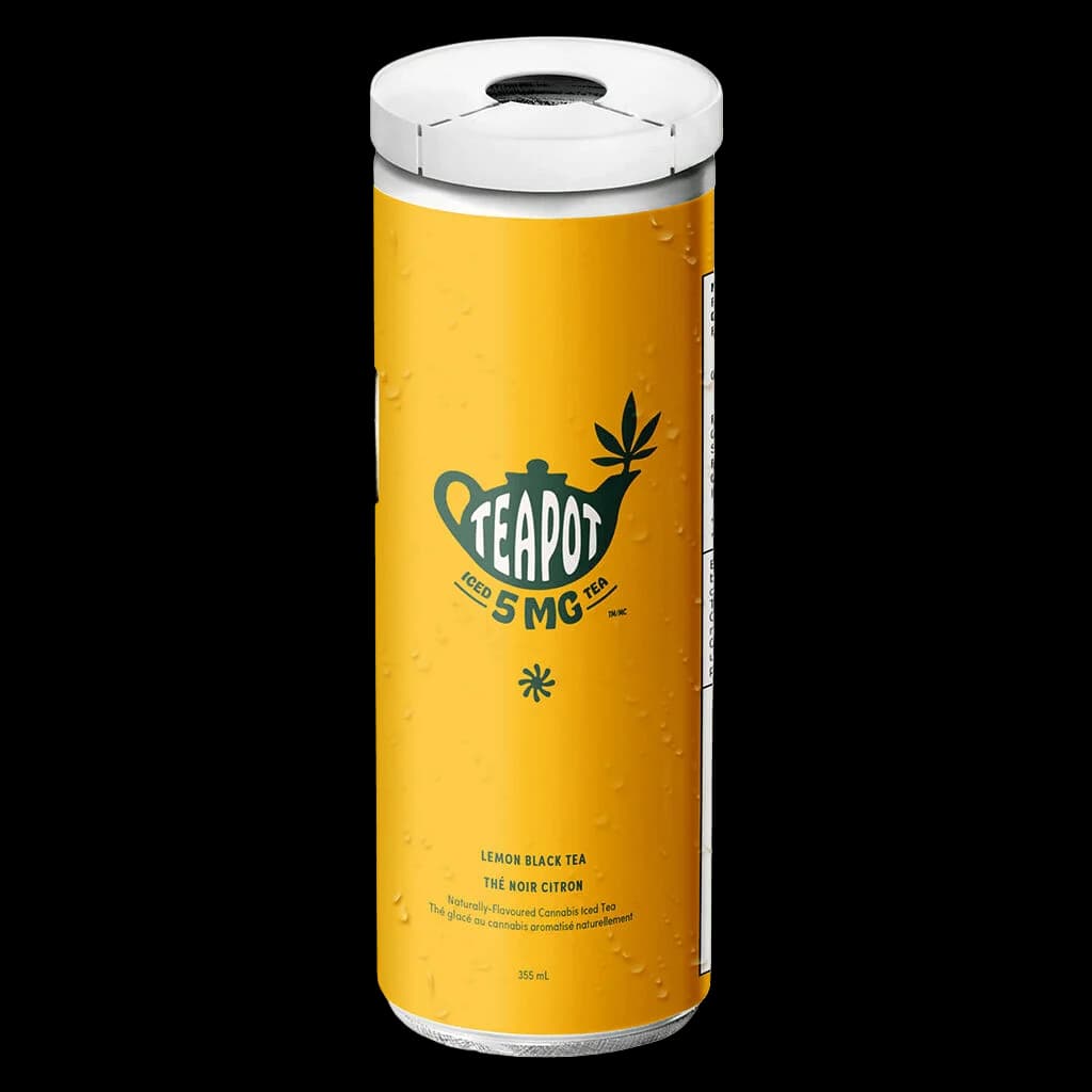 Boisson au cannabis Teapot thé noir au citron 355 mL en canette jaune avec couvercle blanc et logo de feuille de cannabis