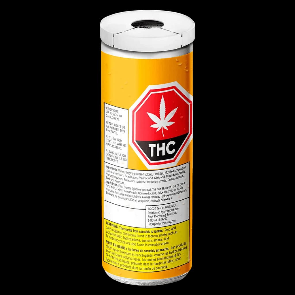 TeaPot Lemon Black Tea cannabis beverage in yellow can with red THC warning label and bilingual health warnings