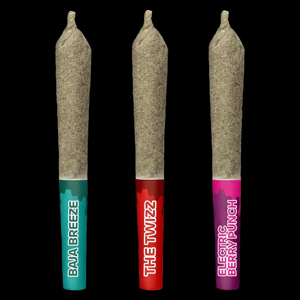 Three Sticky Greens cannabis pre-rolls with colored bands labeled Baja Breeze, The Twizz, and Electric Berry Punch