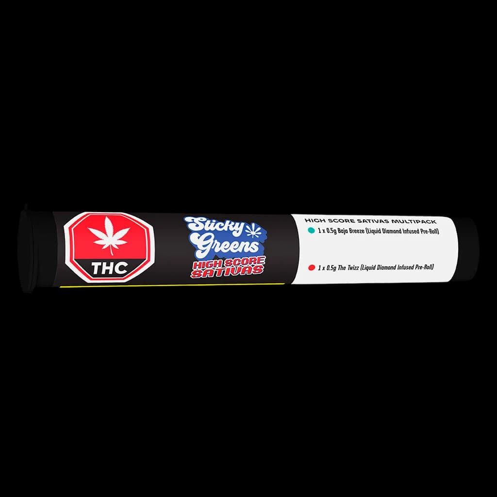 Sticky Greens High Score Sativas Multipack pre-roll tube containing Baja Breeze and The Twizz liquid diamond infused pre-rolls