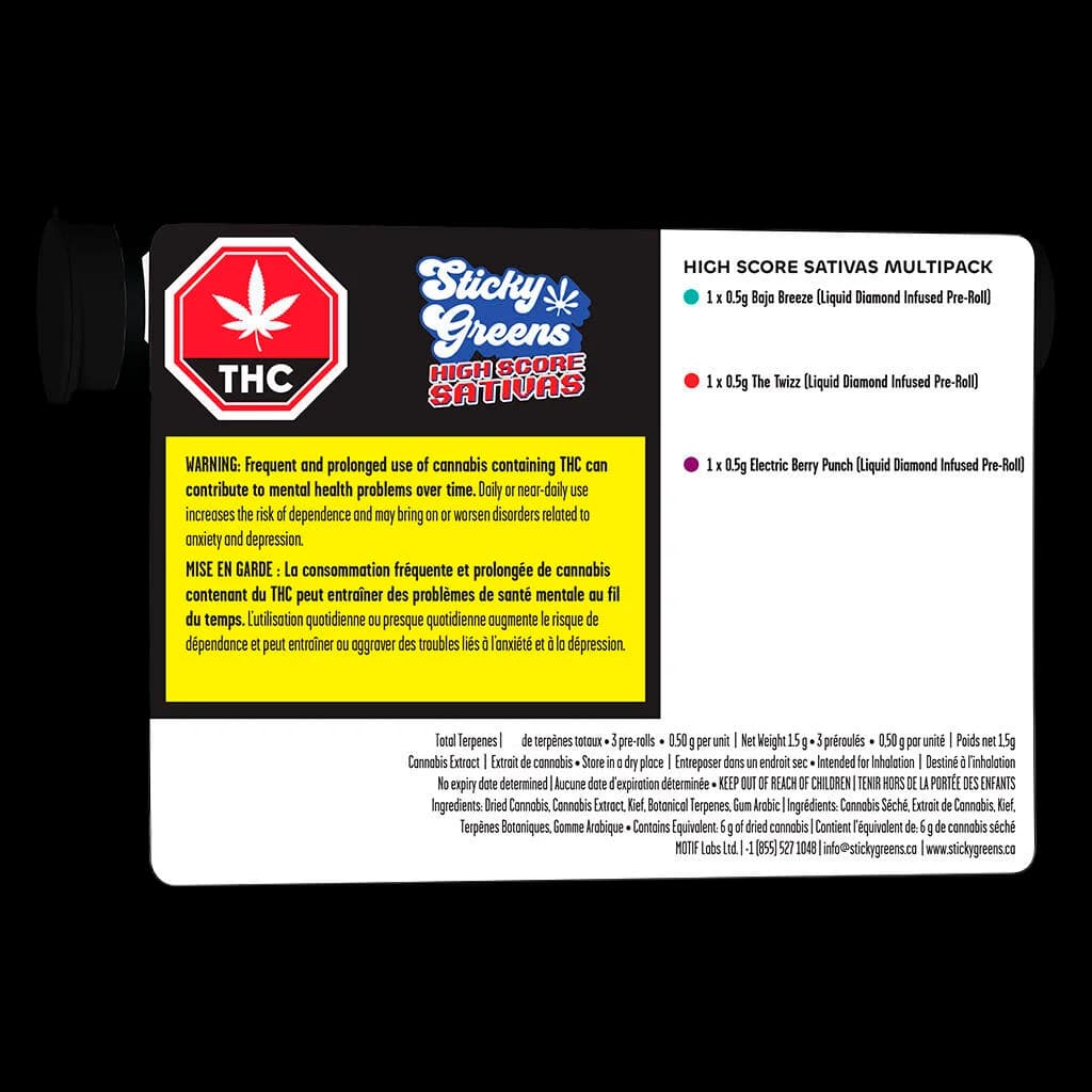 Sticky Greens High Score Sativas Multipack back label showing three 0.5g Liquid Diamond infused pre-rolls: Baja Breeze, The Twizz, and Electric Berry Punch