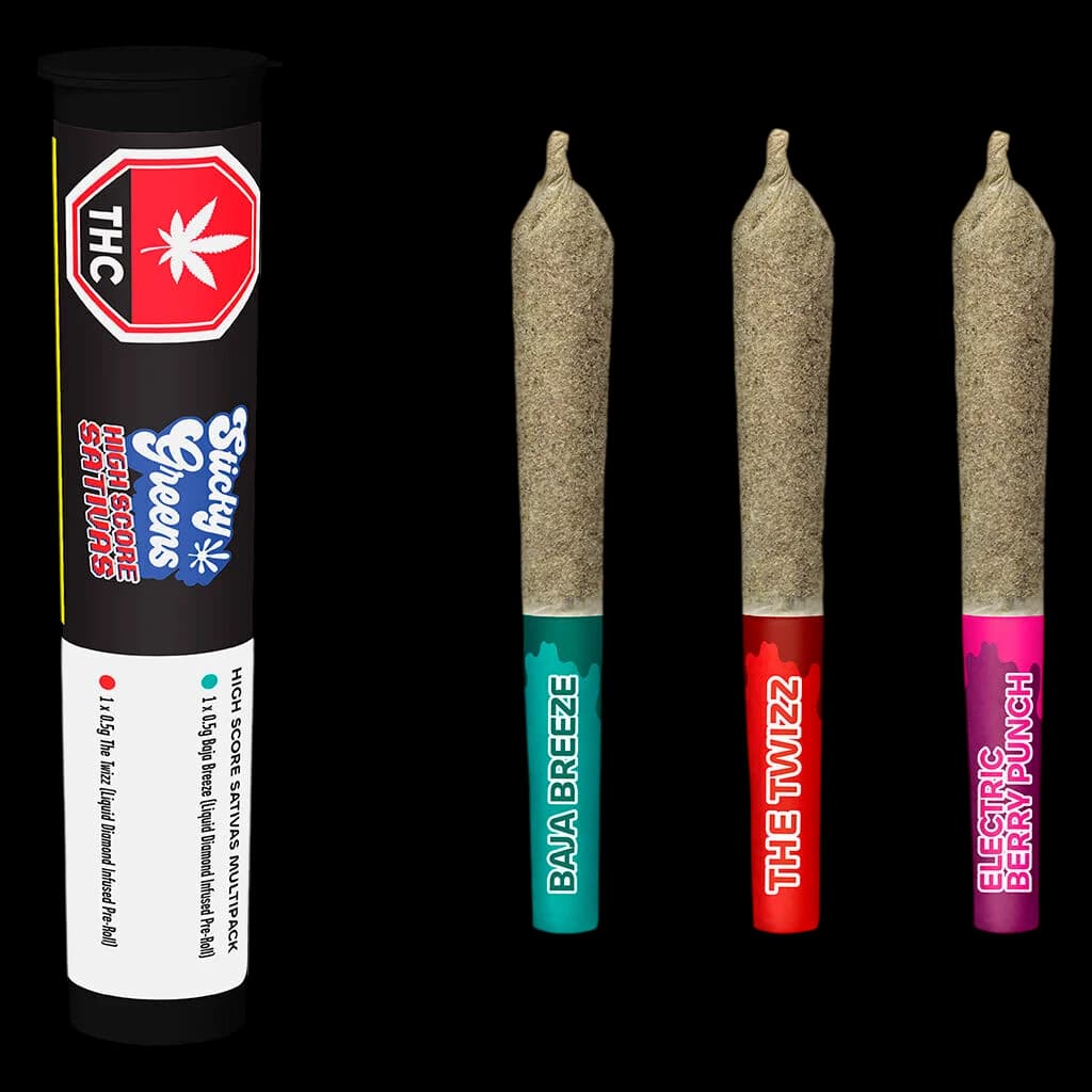 Three cannabis pre-rolls with colored filter tips labeled Baja Breeze, The Twizz, and Electric Berry Punch next to cylindrical packaging