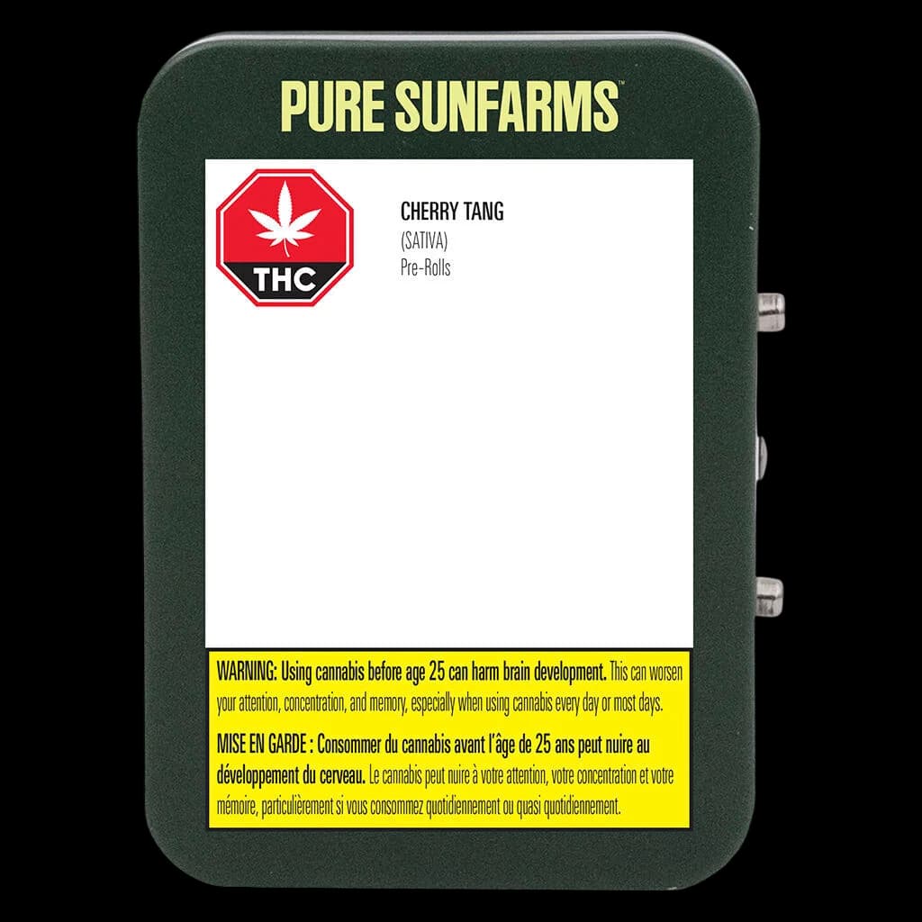 Pure Sunfarms Cherry Tang sativa pre-rolls package front with THC warning symbol and Health Canada bilingual warning label