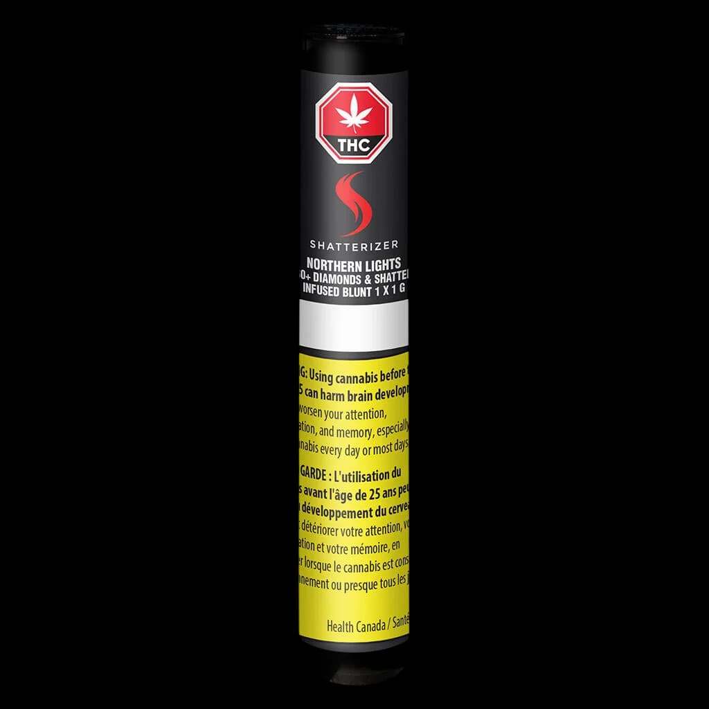 Shatterizer Northern Lights 60+ Diamonds & Shatter Infused Blunt 1g pre-roll with THC warning label and Health Canada warning band