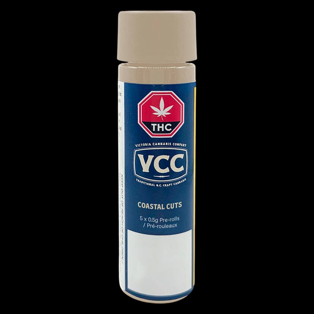 VCC Coastal Cuts 5 x 0.5g pre-rolls in blue tube packaging with THC warning symbol
