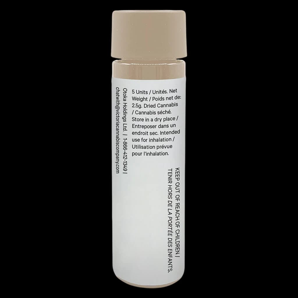 Odka Holdings Ltd. pre-roll tube, 5 units, 2.5g dried cannabis, tan cap with white label
